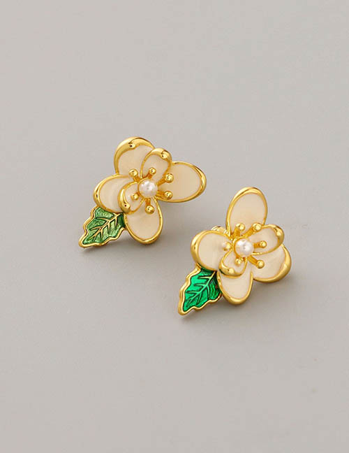 Fashion White Copper Drop Oil Flower Stud Earrings