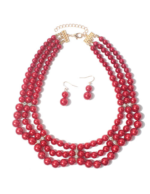Fashion Red Pearl Beaded Diamond Layered Necklace And Earrings Set