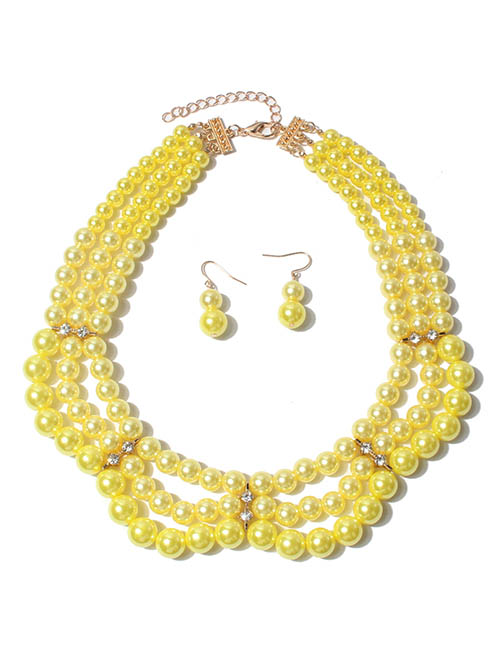 Fashion Yellow Pearl Beaded Diamond Layered Necklace And Earrings Set