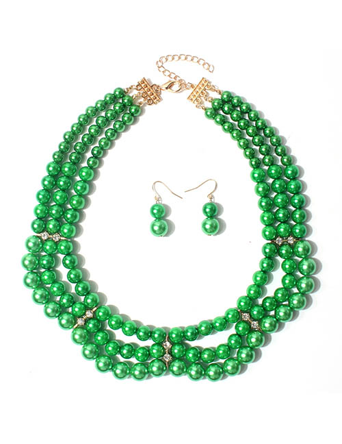 Fashion Green Pearl Beaded Diamond Layered Necklace And Earrings Set
