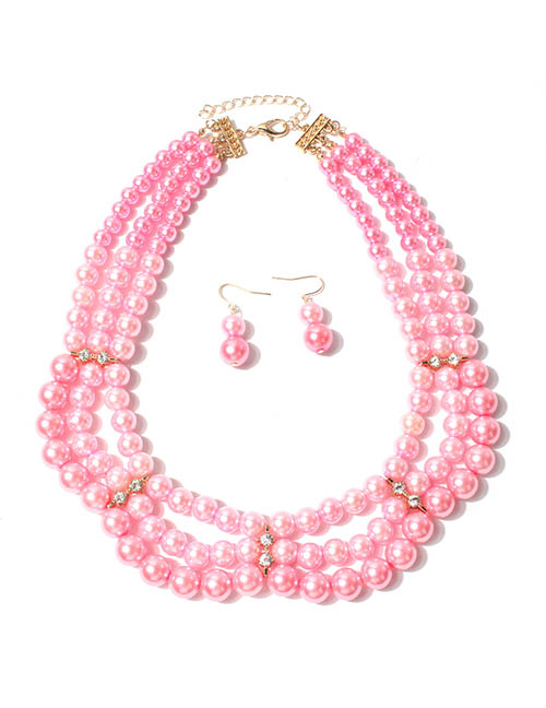 Fashion Pink Pearl Beaded Diamond Layered Necklace And Earrings Set