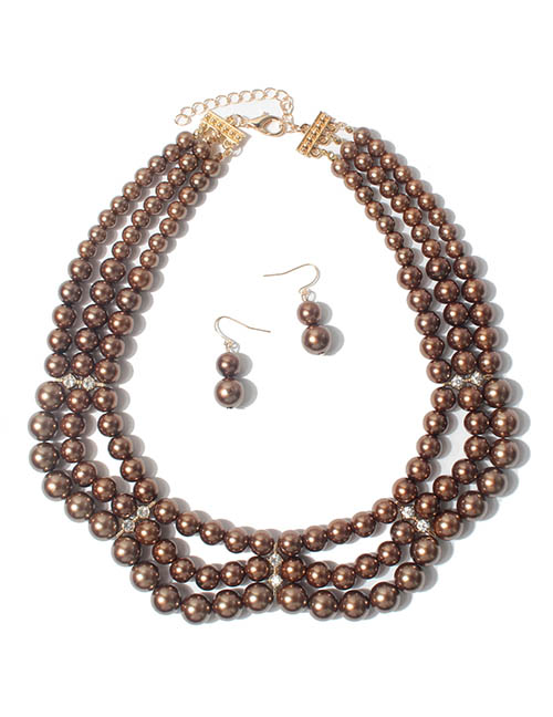 Fashion Dark Brown Pearl Beaded Diamond Layered Necklace And Earrings Set