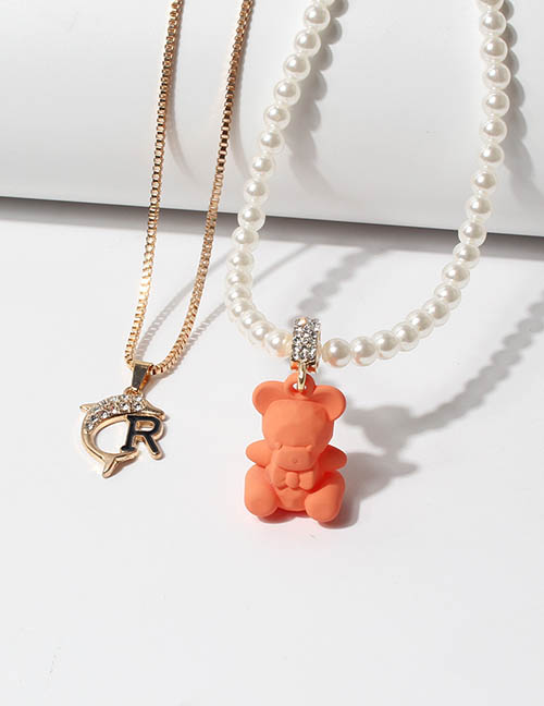 Fashion Pink Alloy Diamond Dolphin Alphabet Bear Pearl Beaded Necklace Set