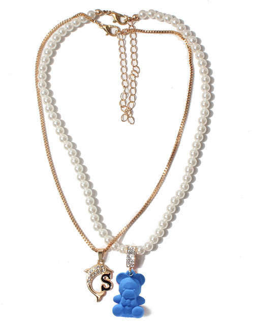 Fashion Blue Alloy Diamond Dolphin Alphabet Bear Pearl Beaded Necklace Set