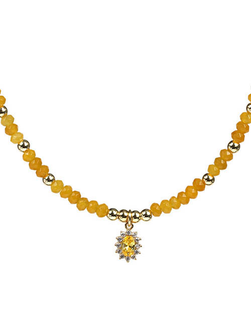 Fashion Yellow Pure Copper Malay Jade Beaded And Diamond Oval Necklace