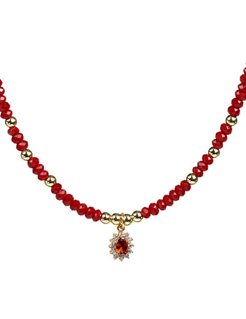 Fashion Red Pure Copper Malay Jade Beaded And Diamond Oval Necklace