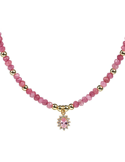 Fashion Pink Pure Copper Malay Jade Beaded And Diamond Oval Necklace