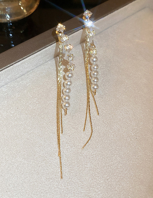 Fashion Gold Zirconium Geometric Pearl Tassel Drop Earrings In Metal