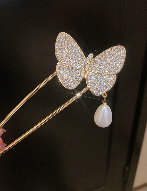 Fashion Gold Alloy Diamond Butterfly Pearl Hairpin
