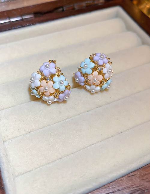 Fashion Ear Buckles - Color Zirconium Pearl Flower Stud Earrings In Metal