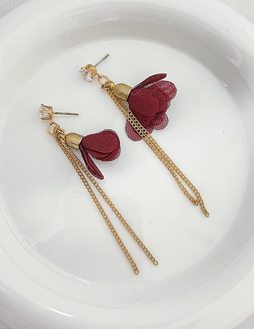 Fashion Red Alloy Inset Zirconium Mesh Flower Chain Earrings
