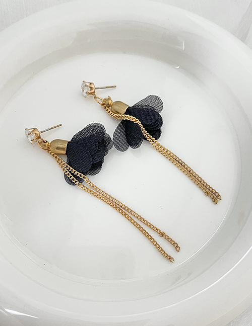 Fashion Black Alloy Inset Zirconium Mesh Flower Chain Earrings