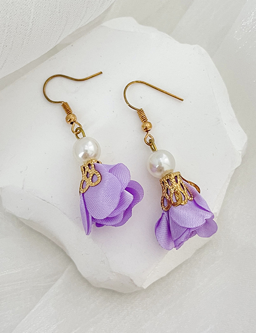 Fashion Purple Alloy Pearl Fabric Flower Earrings