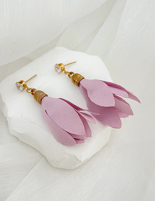 Fashion Pink Alloy Inlaid Zirconium Fabric Flower Stud Earrings