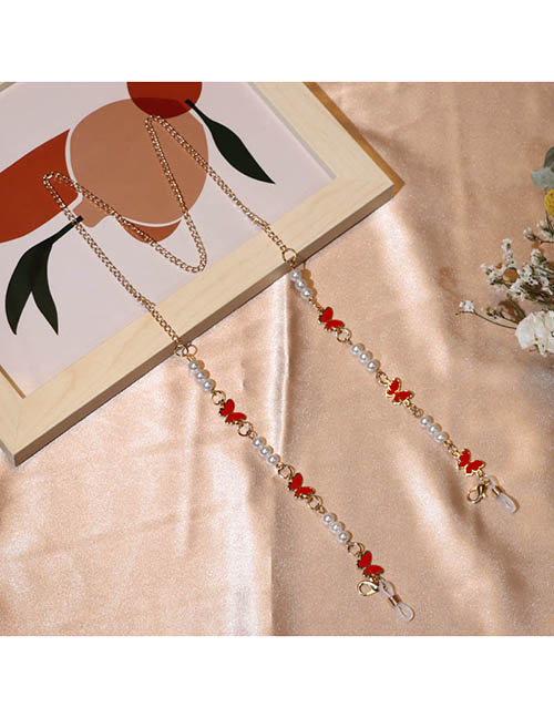 Fashion Red Alloy Drop Butterfly Pearl Beaded Glasses Chain