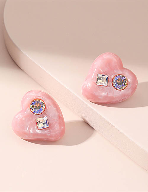 Fashion Pink Resin Diamond Heart Stud Earrings