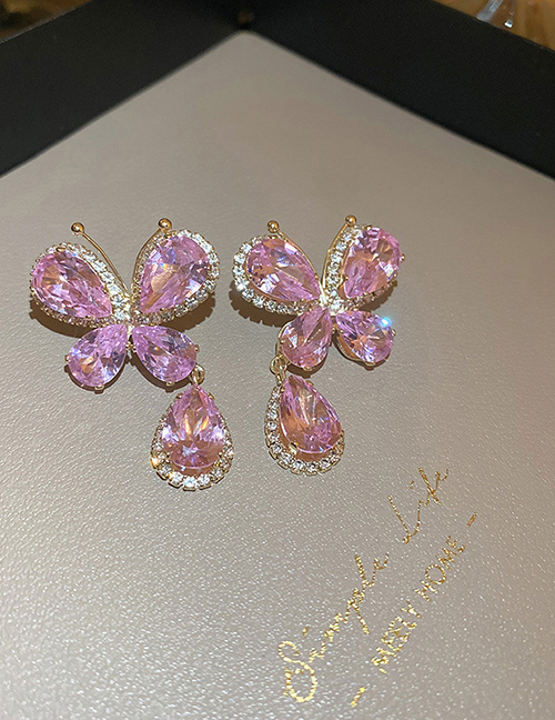 Fashion Pink Metal Diamond Butterfly Teardrop Stud Earrings