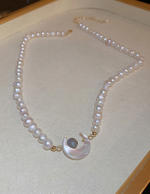 Fashion 2# Necklace - White Moon (real Gold Plating) Pearl Beaded Crescent Necklace
