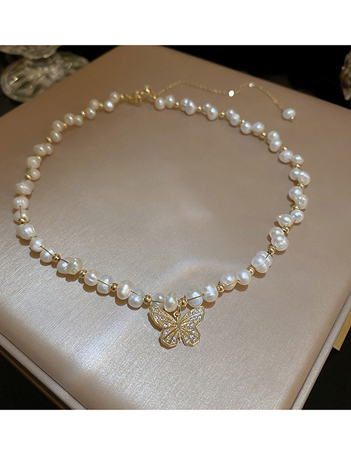 Fashion 4# Necklace-golden Butterfly (real Gold Plating) Pearl Beaded Diamond Butterfly Necklace