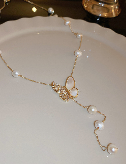 Fashion 6# Necklace-golden Butterfly (real Gold Plating) Mother Of Pearl And Diamond Butterfly Necklace