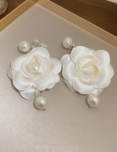 Fashion Ear Clip - White (pair) Fabric Pearl Flower Earrings