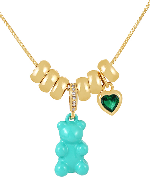 Fashion Lake Green Bronze Zircon Drop Oil Bear Heart Pendant Necklace