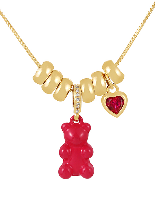 Fashion Red Bronze Zircon Drop Oil Bear Heart Pendant Necklace