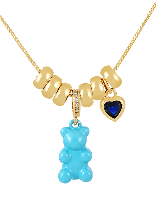 Fashion Blue Bronze Zircon Drop Oil Bear Heart Pendant Necklace