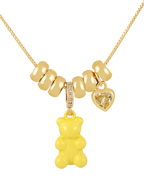 Fashion Yellow Bronze Zircon Drop Oil Bear Heart Pendant Necklace
