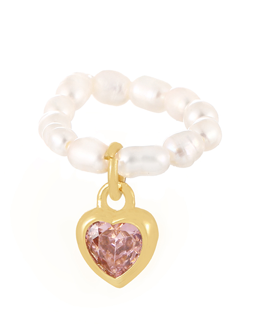 Fashion Pink Bronze Zirconium Pearl Beaded Heart Ring