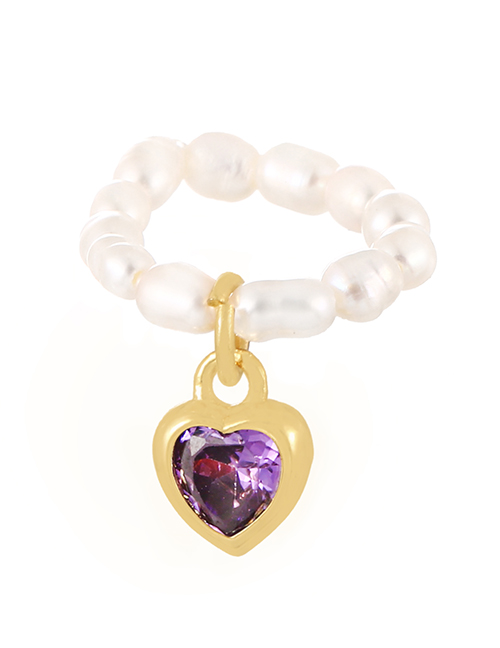Fashion Purple Bronze Zirconium Pearl Beaded Heart Ring