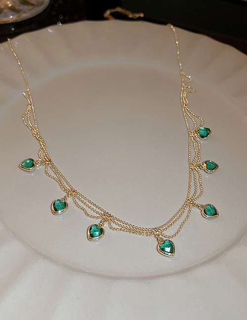 Fashion Green Zirconium Heart Chain Necklace In Metal