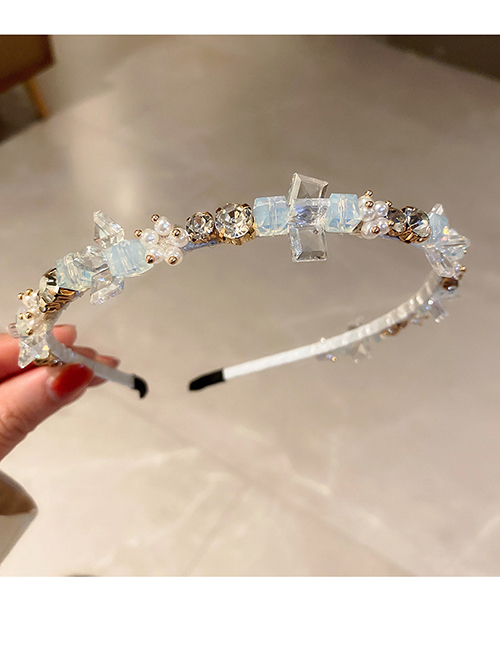 Fashion Light Blue Geometric Diamond Pearl Crystal Headband