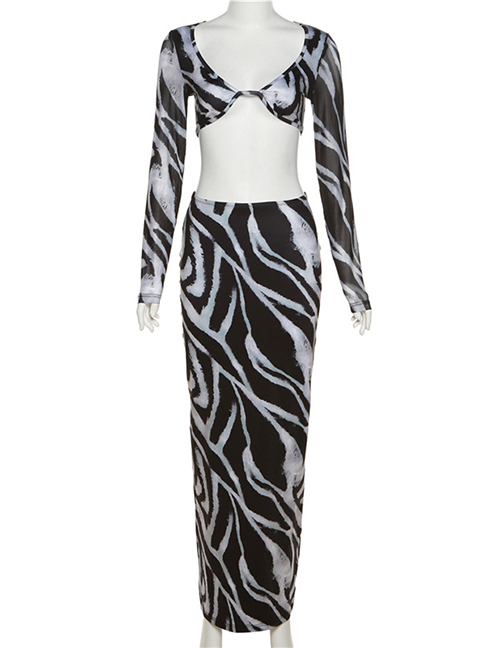 Fashion Black Polyester Zebra Print Long Sleeve Top Skirt Set