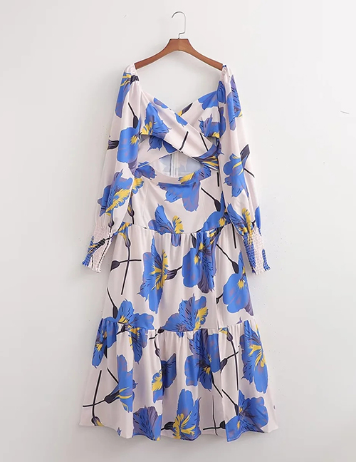 Fashion Blue Geometric Print Cutout Dress
