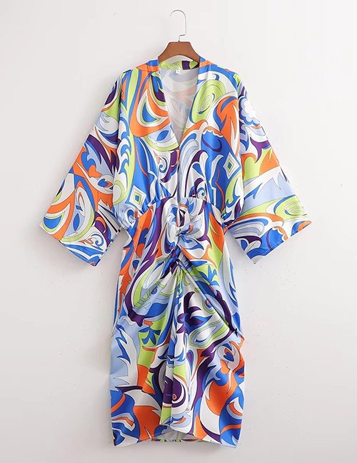 Fashion Color Geometric Print Knotted V-neck Dress