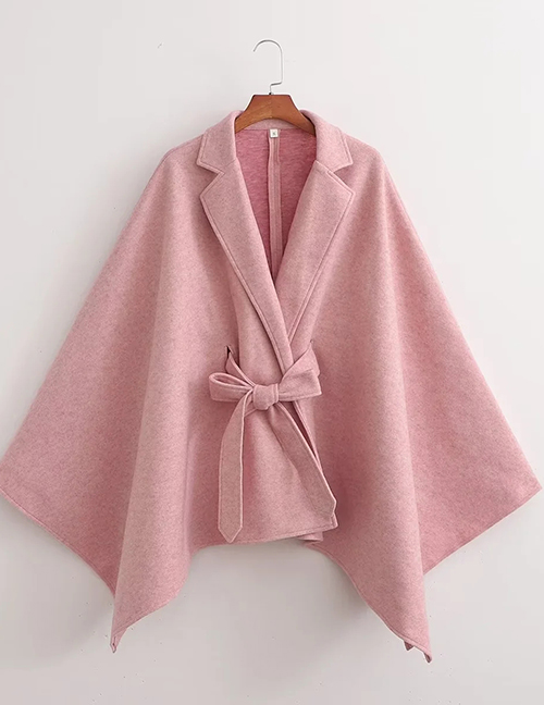 Fashion Pink Woolen Knotted Cape Coat