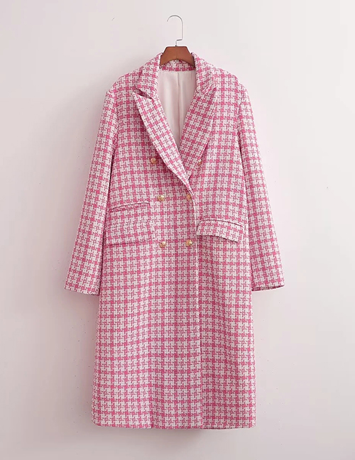 Fashion Pink Woolen Houndstooth Coat