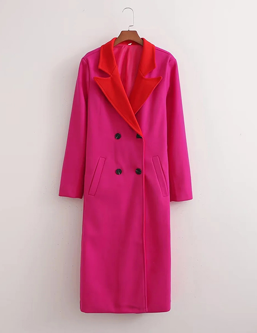 Fashion Rose Red Color-block Double-breasted Coat