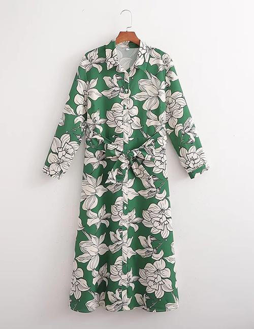 Fashion Green Stretch Print Lace-up Dress