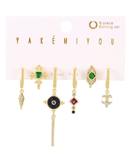 Fashion Color Set Of 6 Brass-inlaid Zircon Cross Diamond Earrings