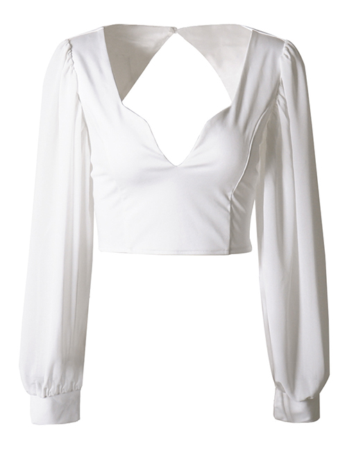Fashion White Polyester V-neck Cutout Puff Sleeve Top