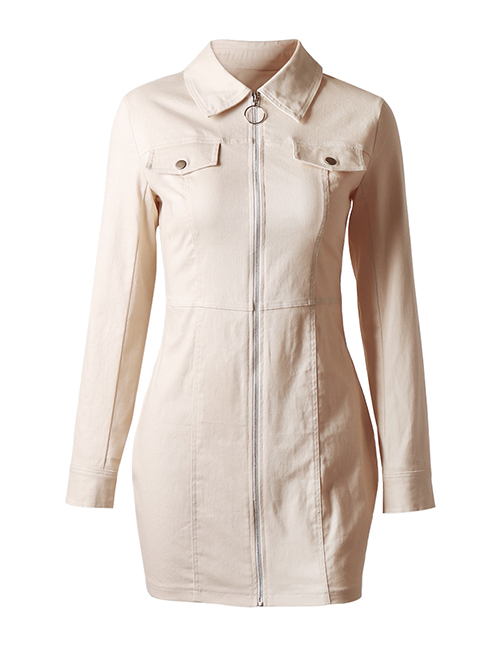 Fashion Creamy-white Polyester Lapel Zip Dress