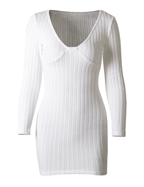 Fashion White Polyester Knit V-neck Dress