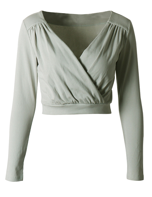 Fashion Light Green Polyester Solid Color V-neck Cropped Top