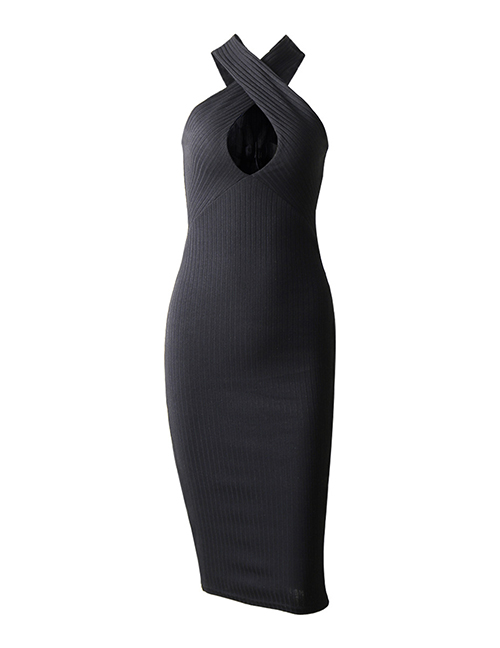 Fashion Black Polyester Cross Halter Cutout Dress
