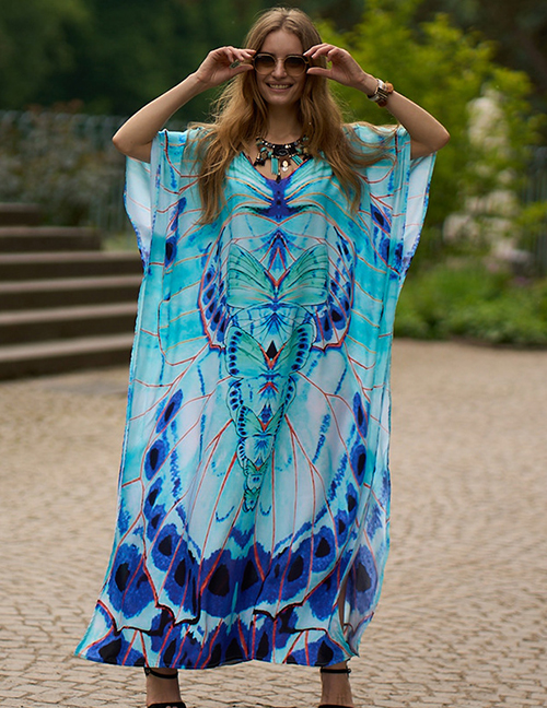 Fashion Blue Butterfly (zs2034-1) Cotton Print V-neck Slit Swimsuit Cover-up Dress
