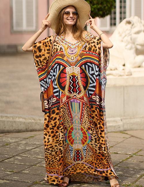 Fashion Leopard Reddish Brown (zs2034-8) Cotton Print V-neck Slit Swimsuit Cover-up Dress
