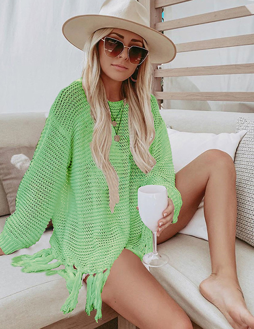 Fashion Green (zs2039) Open-knit Fringed Blouse