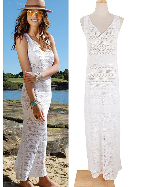 Fashion Zs1722 White Tank Top Knit Hollow Sunscreen Long Dress